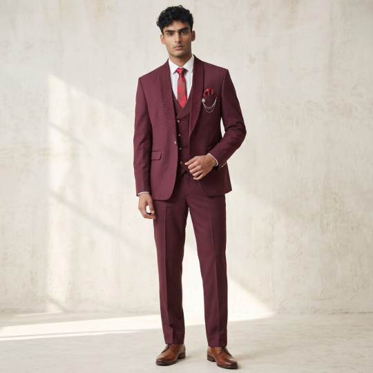 Burgundy Chain-Detail Five-Piece Formal Suit