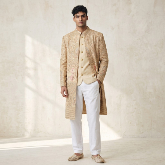 Beige Ornate Two-Piece Sherwani Set
