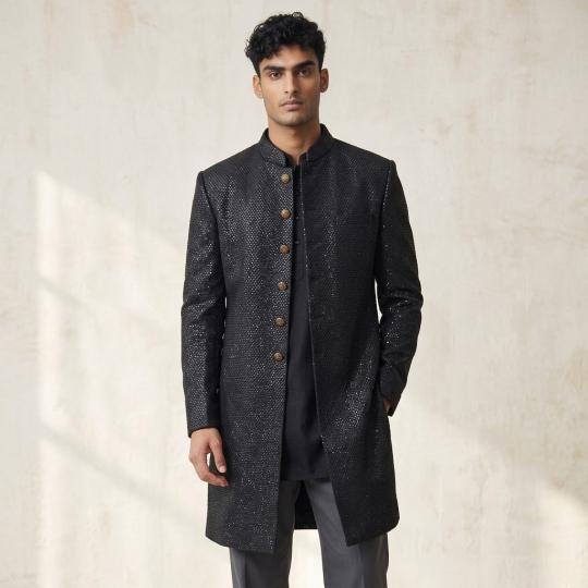Black Tonal Patterned Bandhgala & Pants Set