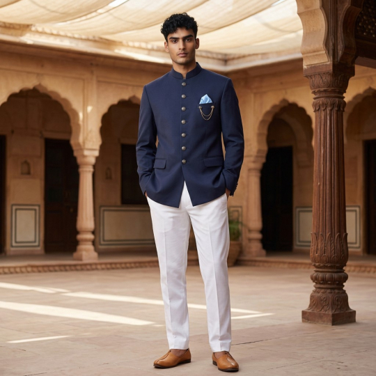 Navy Crest-Detail Bandhgala & Pants Set