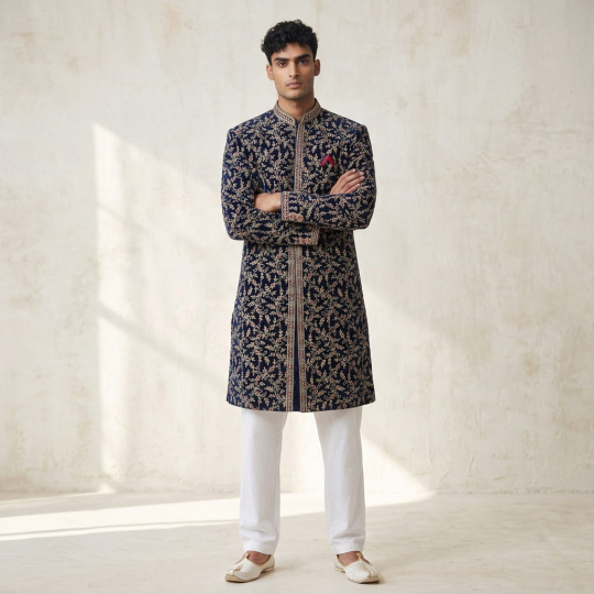Black Ornate Patterned Sherwani & Pants Set