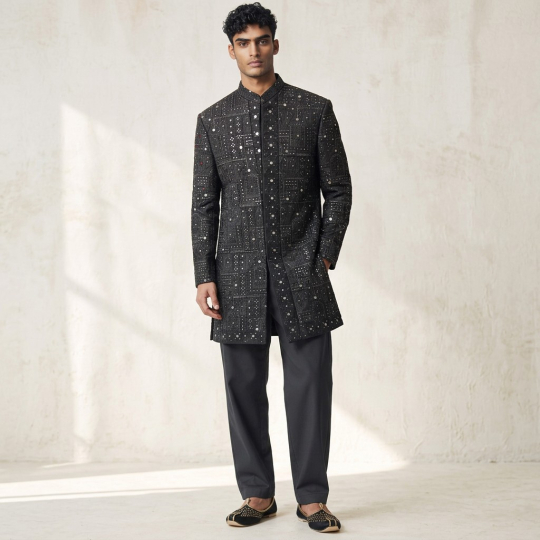 Black Studded Sherwani & Pants Set