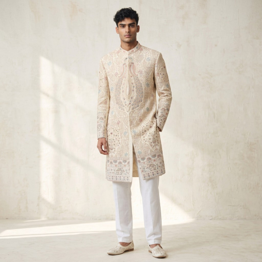 Ivory Floral Embroidered Sherwani & Pants Set