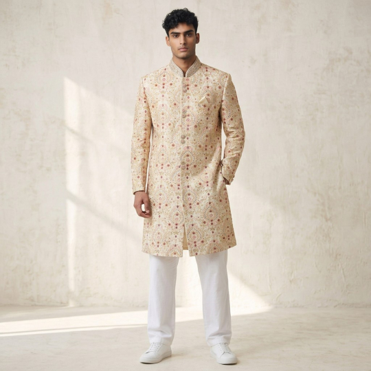 Ivory Scattered Motif Sherwani & Pants Set