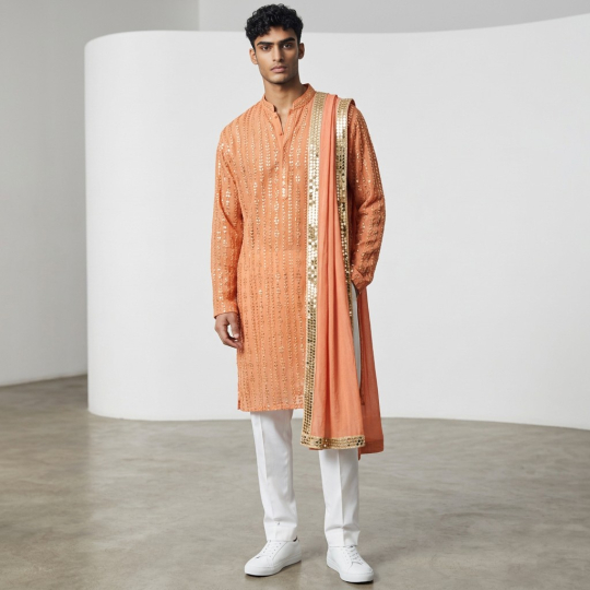 Peach Embroidered Kurta & Pants Set
