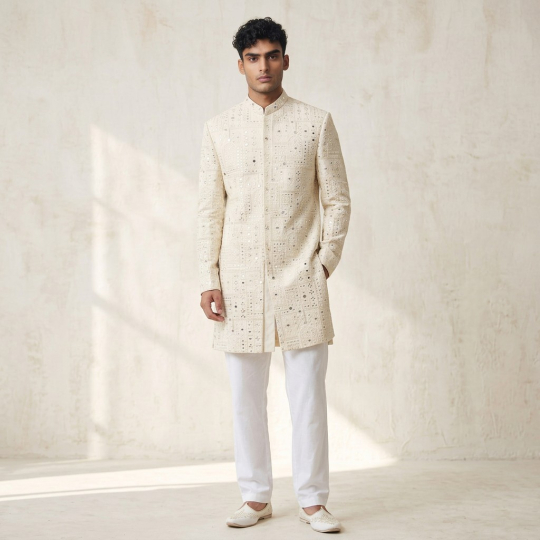 Ivory Dotted Sherwani & Pants Set