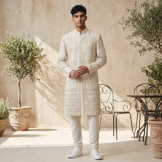 Ivory Ornate Embroidered Sherwani & Pants Set
