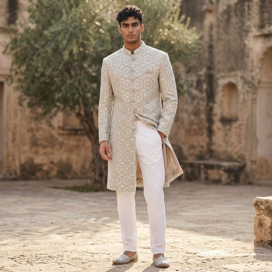 Ivory Medallion Embroidered Sherwani & Pants Set