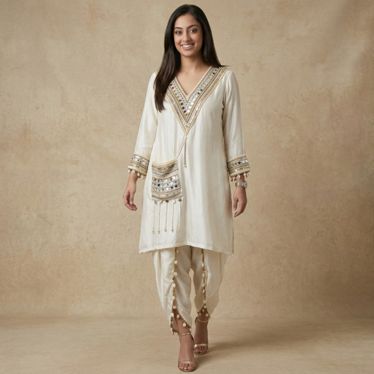 Ivory Embellished Short Kurta & Dhoti Pants Set