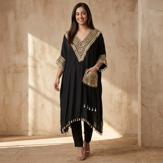 Black Gold-Trim Kaftan & Pants Set