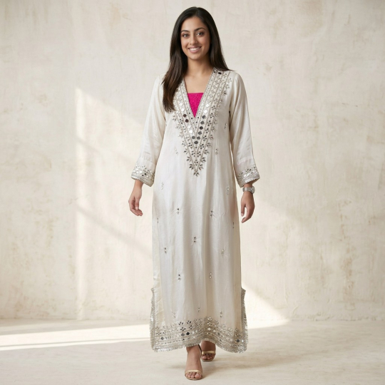 Ivory Mirror-Style Kaftan Dress & Potli Bag Set