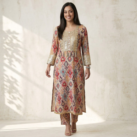 Multicolour Ikat-Print Kaftan & Pants Set