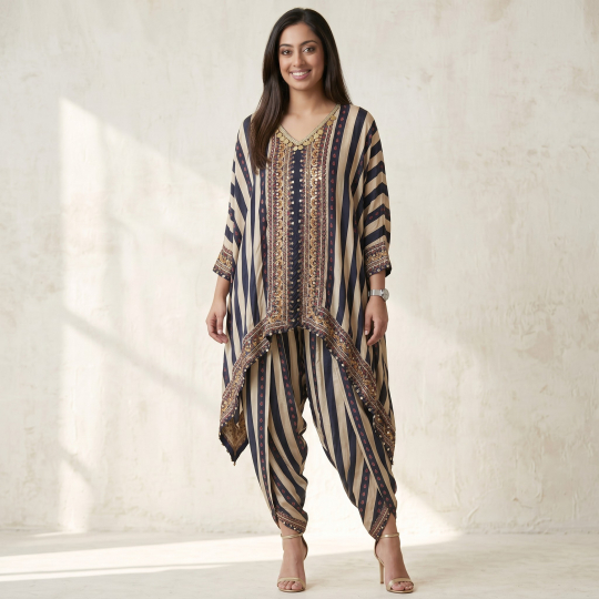 Black Striped Kaftan & Dhoti Pants Set