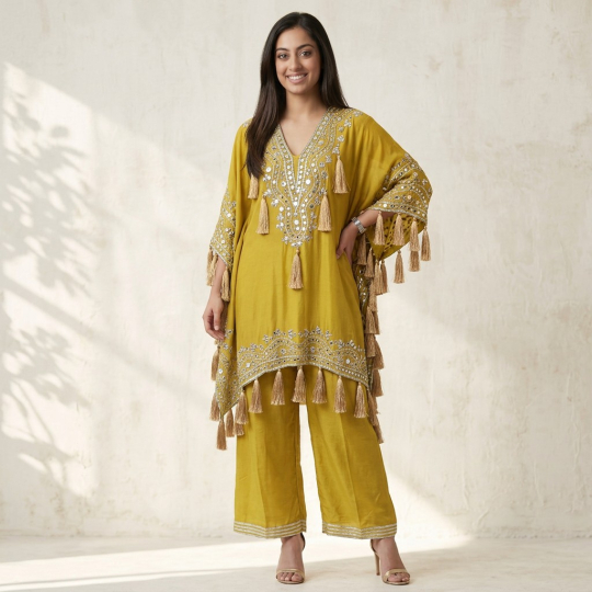 Mustard Tassel Kaftan & Sharara Set