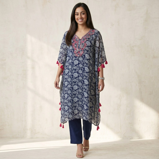 Navy Floral Kaftan & Pants Set