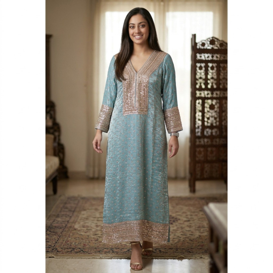 Aqua Embellished Long Kurta & Pants Set