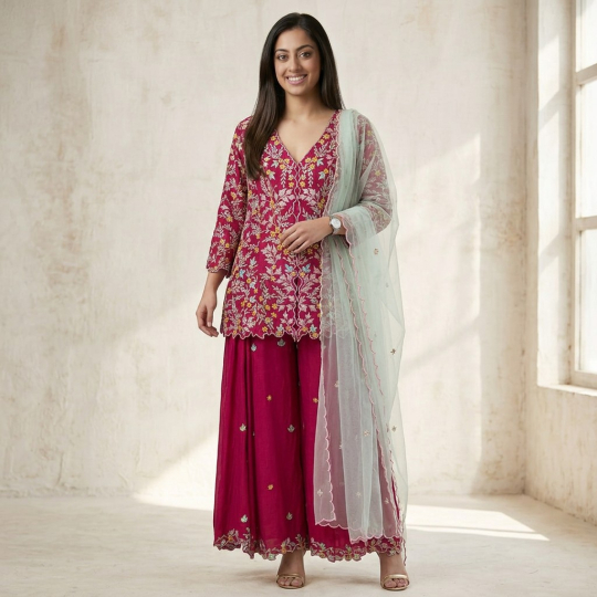 Magenta Embroidered Peplum, Dupatta & Palazzo Set
