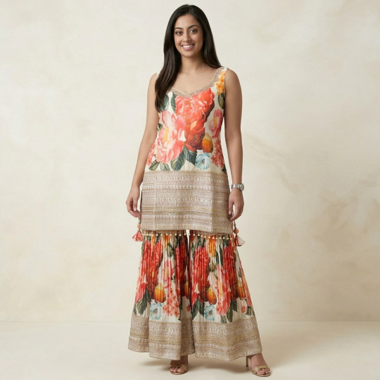 Coral Floral Tunic, Dupatta & Palazzo Set