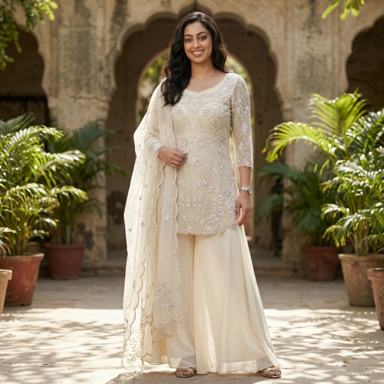 Ivory Embroidered Kurta, Dupatta & Palazzo Set