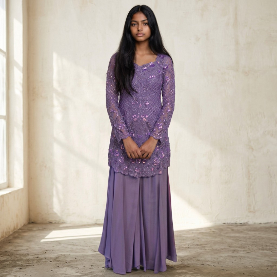 Lavender Embellished Peplum, Dupatta & Palazzo Set