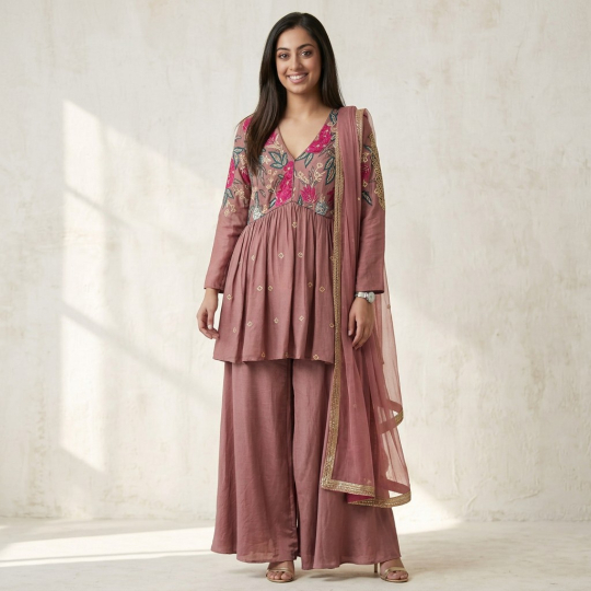 Dusty Rose Peplum, Dupatta & Palazzo Set