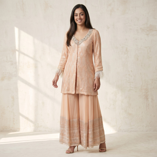 Blush Feather-Trim Jacket & Sharara Set with Dupatta
