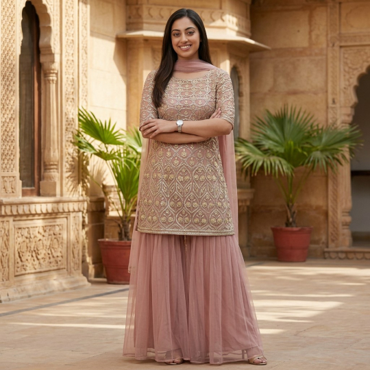 Dusty Rose Sequinned Tunic, Dupatta & Sharara Set