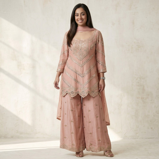 Blush Scalloped Tunic, Dupatta & Sharara Set