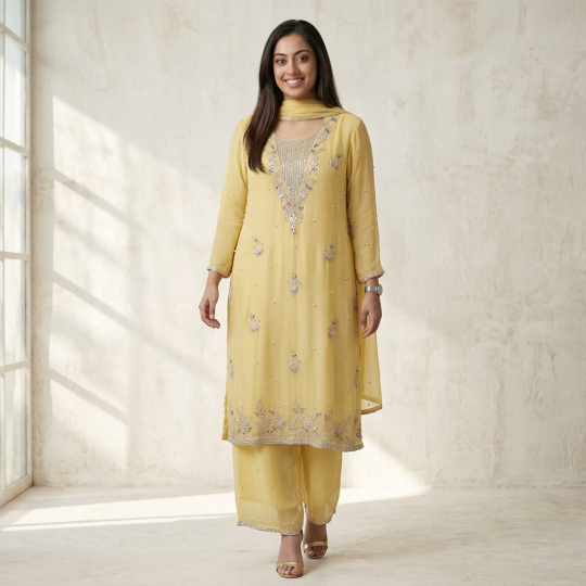 Lemon Floral Embroidered Kurta, Dupatta & Pants Set