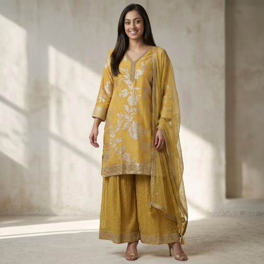 Mustard Floral Kurta, Dupatta & Palazzo Set