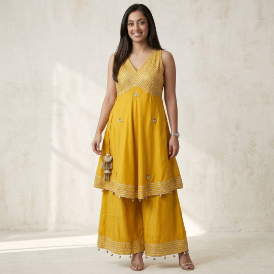 Yellow Embellished Peplum, Dupatta & Palazzo Set