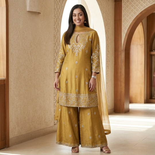 Antique Gold Embroidered Kurta, Dupatta & Palazzo Set