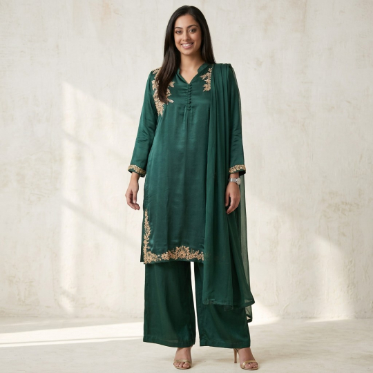 Emerald Embroidered Kurta, Dupatta & Palazzo Set