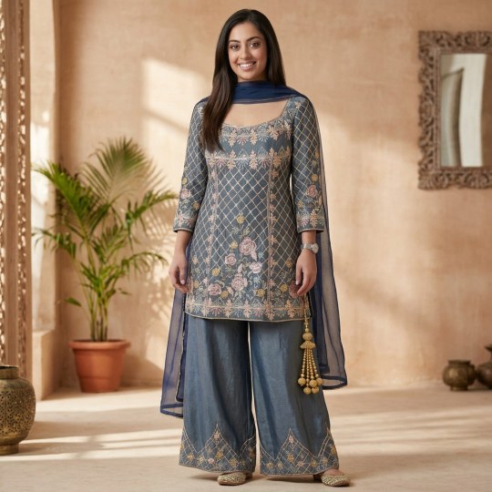 Steel Blue Embroidered Kurta, Dupatta & Palazzo Set