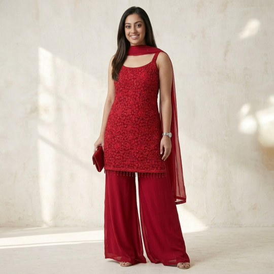 Crimson Embellished Tunic, Dupatta & Palazzo Set