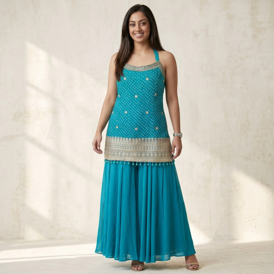 Turquoise Mirror-Style Tunic & Gharara Set
