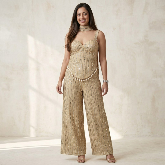 Champagne Chain-Detail Corset, Dupatta & Palazzo Set