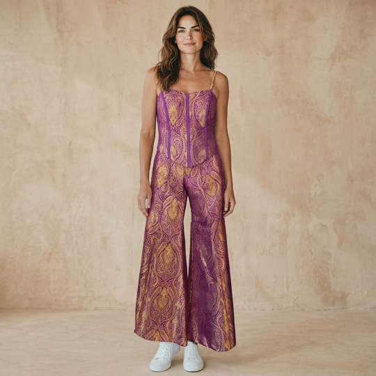 Purple Brocade Wide-Leg Jumpsuit