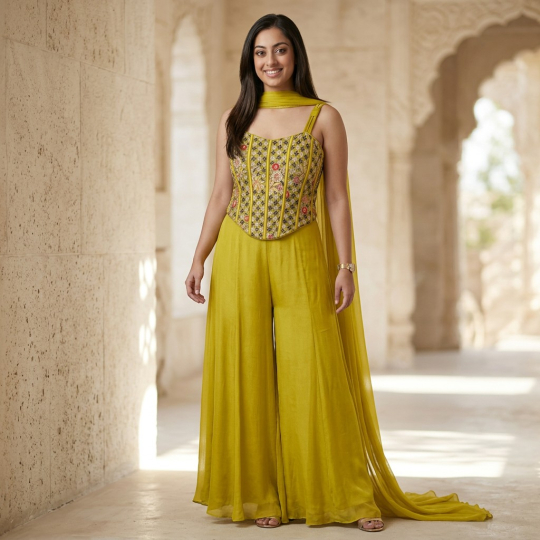 Chartreuse Embroidered Corset, Dupatta & Palazzo Set