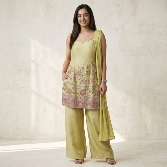Lime Floral Tunic, Dupatta & Farshi Salwar Set