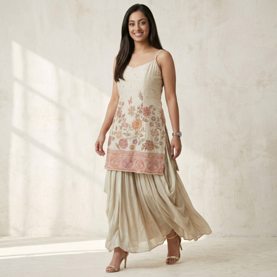 Ivory Floral Tunic, Dupatta & Farshi Salwar Set