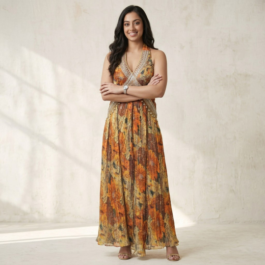 Marigold Floral Crop Top & Lehenga Set