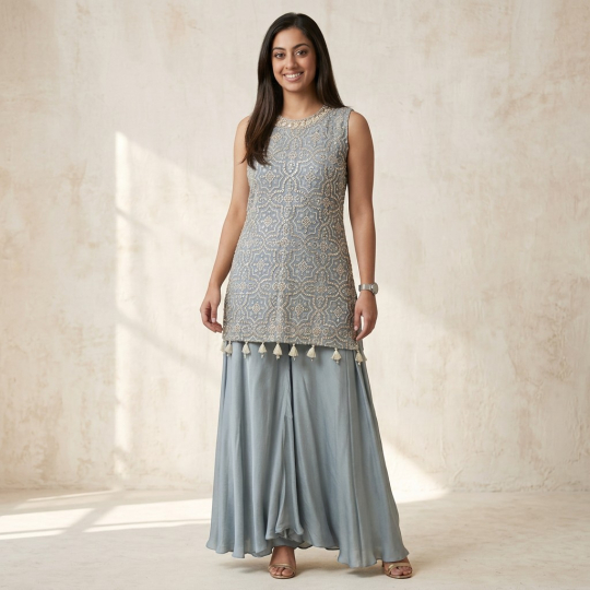 Silver Grey Fringe Tunic & Sharara Set