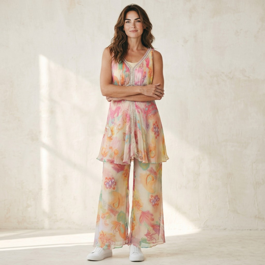 Peach Floral Tunic, Dupatta & Palazzo Set