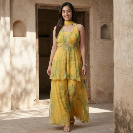 Yellow Botanical Tunic, Dupatta & Palazzo Set