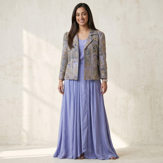Lavender Embroidered Jacket & Maxi Dress Set