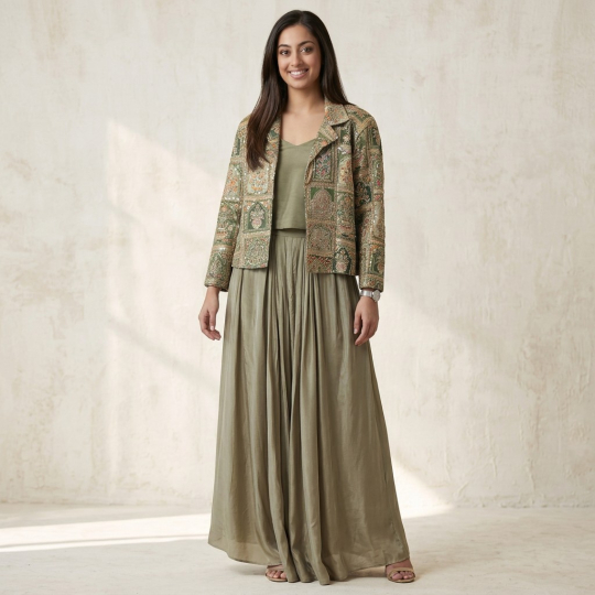 Olive Brocade Jacket & Maxi Dress Set
