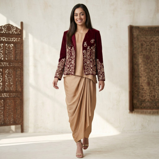 Burgundy Embroidered Jacket & Dhoti Pants Set