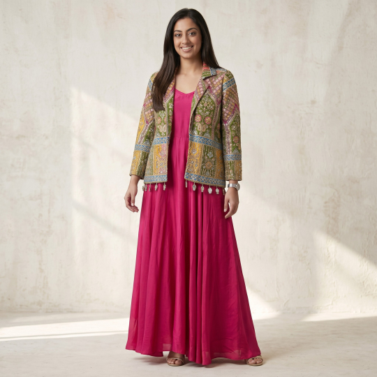 Fuchsia Brocade Jacket & Maxi Dress Set