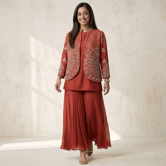Rust Embroidered Jacket & Palazzo Set